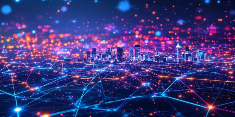 Australian skyline with digital data streams.