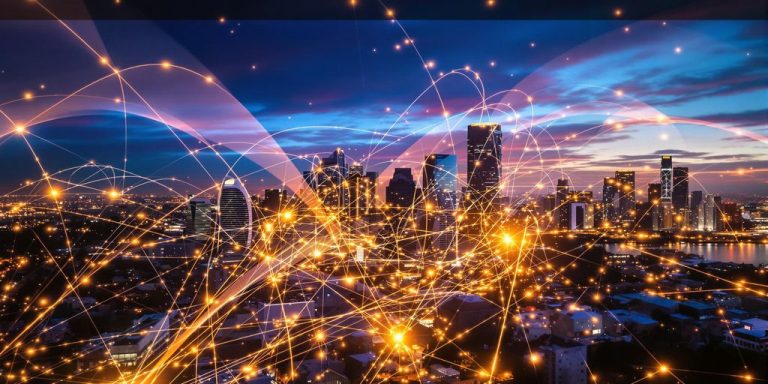 Australian cityscape with digital network overlay.