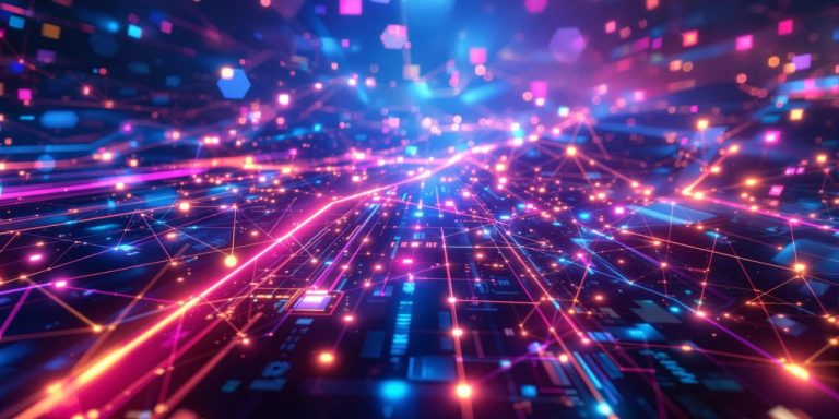 Modern digital interface with glowing abstract shapes.